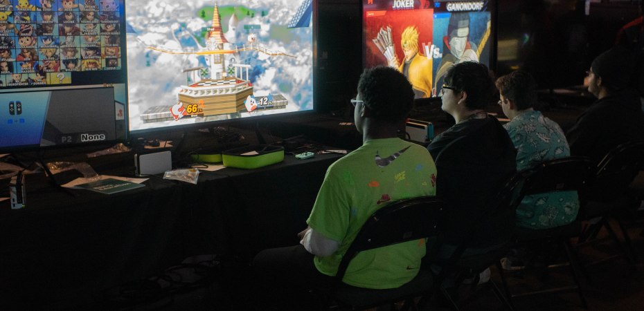 Students playing Super Smash Brothers Ultimate at TEXSEF High School State Championships 2023. Photo credit Rachel Olsen-Cooper