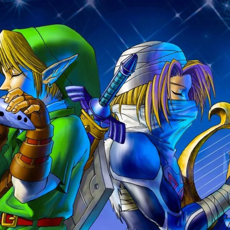 Link and Sheik from The Legend of Zelda Ocarina of Time promotional art via Nintendo.