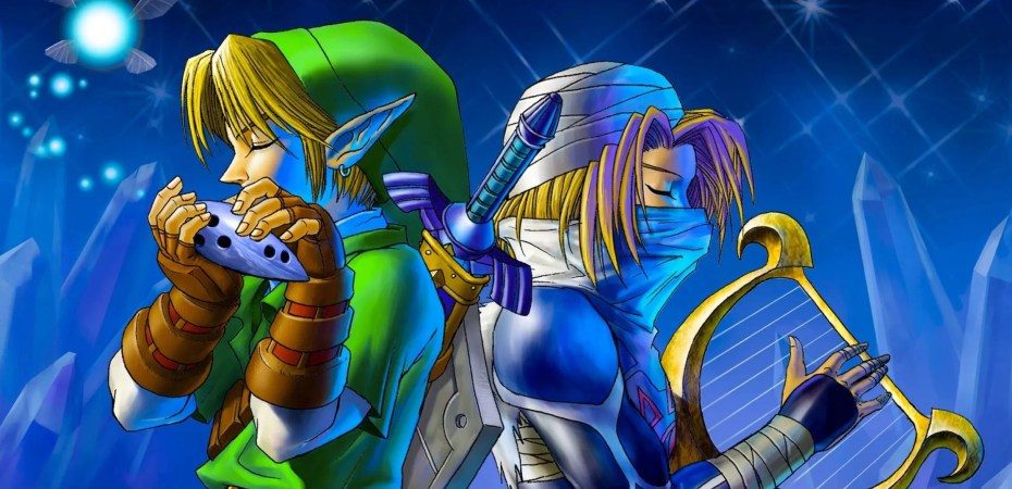 Link and Sheik from The Legend of Zelda Ocarina of Time promotional art via Nintendo.